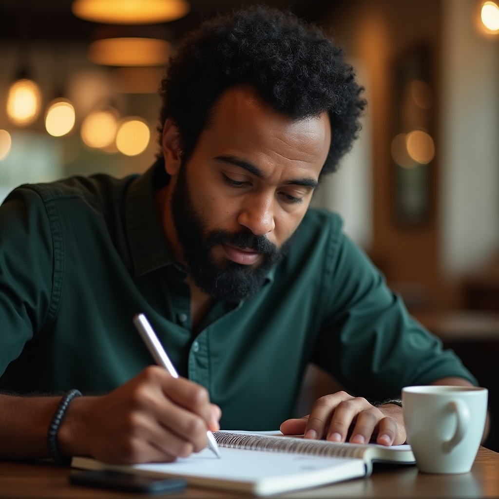 Persona usando una libreta pequeña para registrar gastos diarios con un bolígrafo