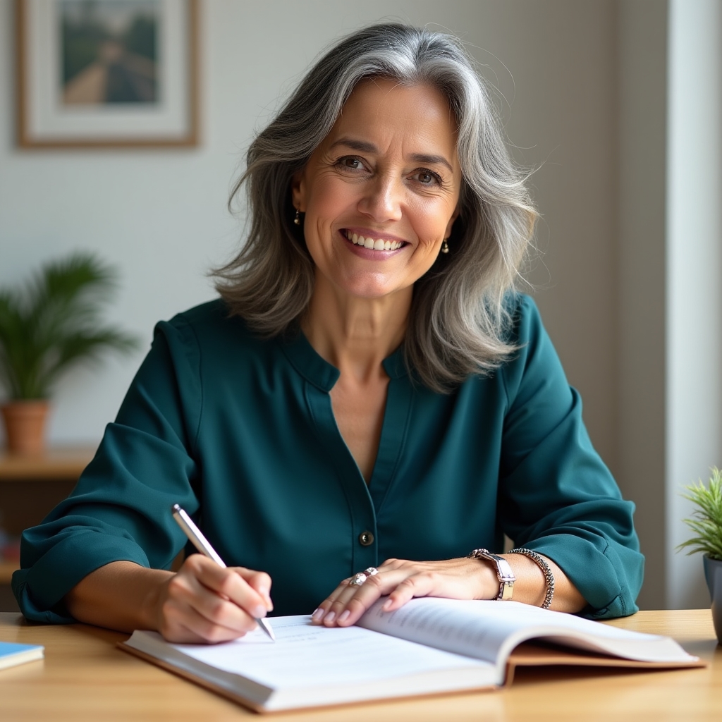 Persona anotando metas de ahorro en una libreta sobre un escritorio ordenado