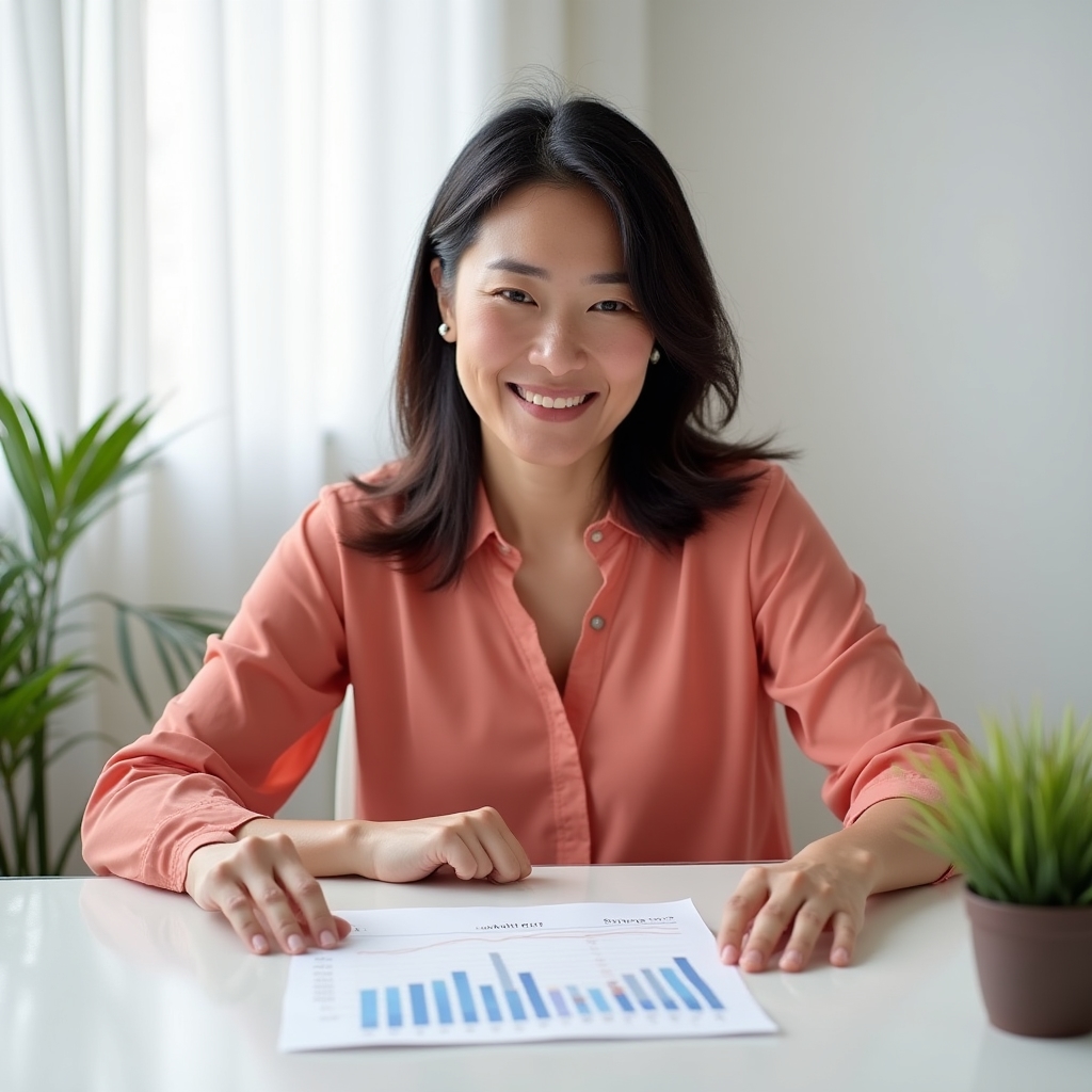 Persona revisando un gráfico de progreso de ahorros con expresión satisfecha